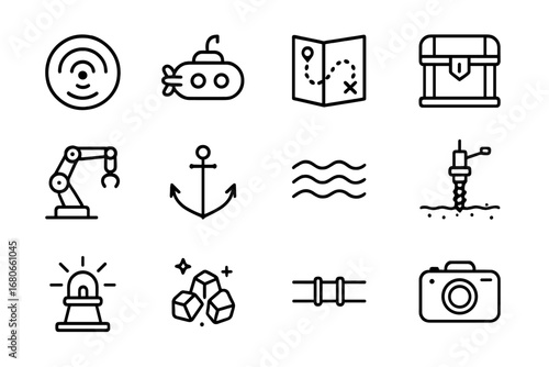 Subsea Mapping Icons. Outline icon set of subsea resource mapping: sonar, submarine, map, treasure chest,