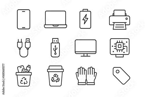 E-Waste Icon Set. Outline icon set of e-waste management: smartphone, laptop, battery, printer, cables, USB