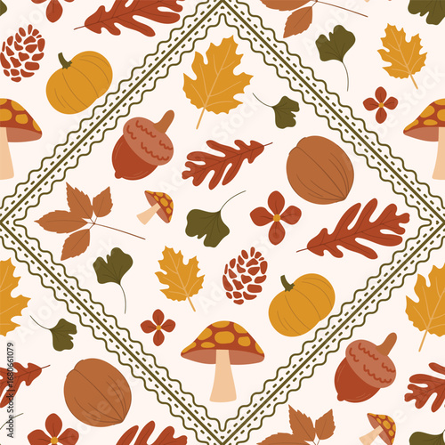 Autumn season seamless pattern background vector. Fall harvest wallpaper with pumpkin, oak, mushroom, walnut, maple, pinecone frame. Design for print, cover, fabric, packaging, wall art, home decor.