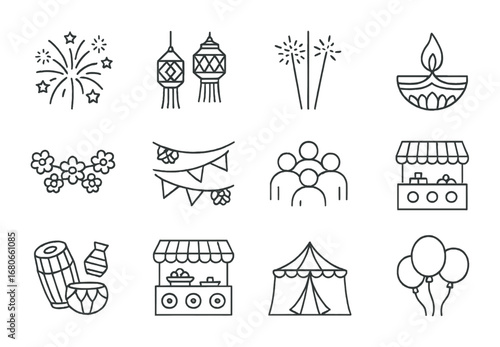 Diwali Celebration Icons. Outline icon set of Diwali outdoor celebrations: fireworks, lanterns, sparklers,