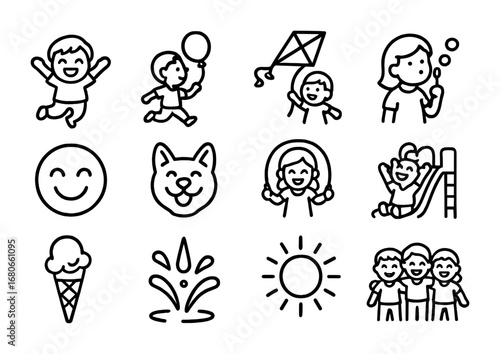 Playful Happiness Icons. Outline icon set of playful happiness: jumping child, running with balloon, flying