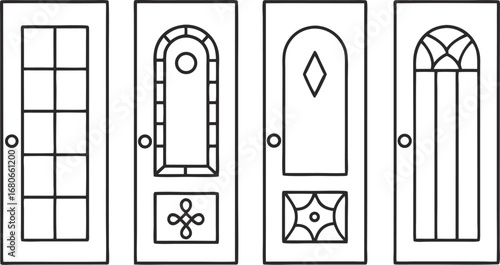 Four different door designs with glass panels and decorative elements, showcasing architectural styles and design variations