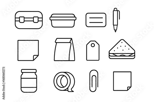 Lunch Packing Icons. Outline icon set of lunch packing: lunch box, container, label, pen, sticky note, bag,
