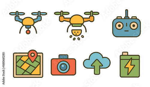 Drone Farming Icons. Flat vector mini-illustrations drone farming technology in colors children's