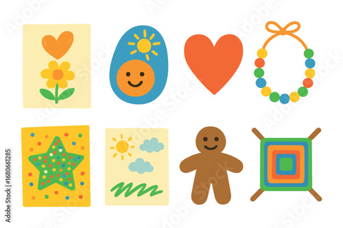 Children's Handmade Gifts. Flat vector mini-illustrations handmade gifts from kids in colors children's