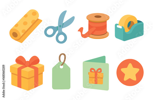 Gift Wrapping Icons. Flat vector mini-illustrations gift wrapping process in colors children's illustrations: