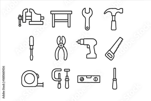 Workshop Tools Icons. Outline icon set of workshop essentials: vise, workbench, wrench, hammer, screwdriver,