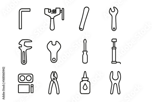 Bicycle Repair Tools Icons. Outline icon set of bicycle repair tools: hex key, chain tool, tire lever, pedal