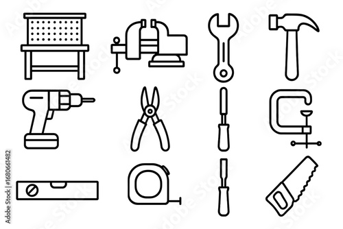 Mechanical Tool Icons. Outline icon set of mechanical workshop: workbench, vise, wrench, hammer, drill, pliers
