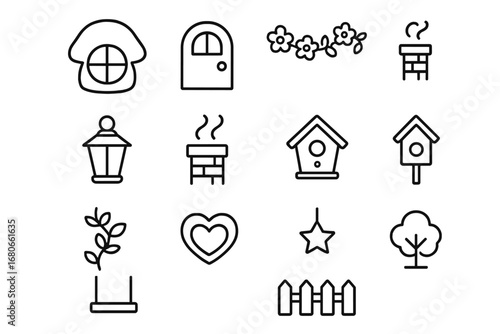 Fairy Tale Icon Set. Outline icon set of fairy tale playhouse: mushroom-shaped window, tiny door, flower
