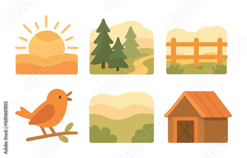 Sunrise at the Dacha. Flat vector mini-illustrations Sunrise landscape at the dacha in colors children's