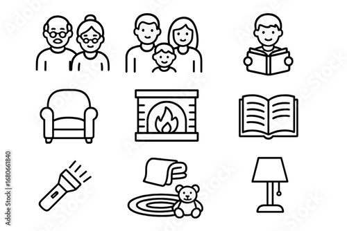 Family Storytime Icons. Outline icon set of family storytelling moments: grandparents, parents, children,