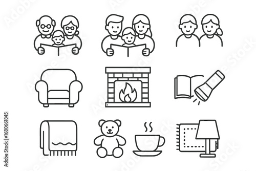 Family Storytime Icons. Outline icon set of family storytelling moments: grandparents, parents, children,