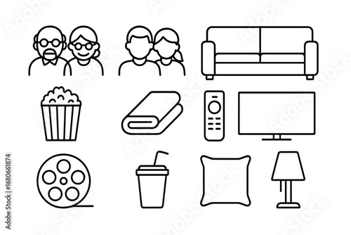 Family Movie Icons. Outline icon set of family movie night: grandparents, parents, children, sofa, popcorn,