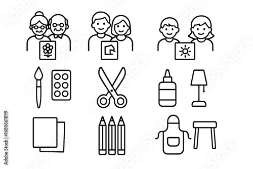 Family Arts Icon Set. Outline icon set of indoor family arts and crafts: grandparents, parents, children,