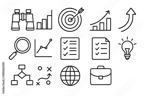 Competitive Strategy Icons. Outline icon set of competitive analysis strategy: binoculars, chart, target,