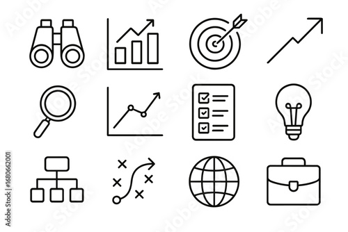 Competitive Strategy Icons. Outline icon set of competitive analysis strategy: binoculars, chart, target,