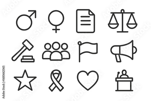 Gender Rights Icons. Outline icon set of gender rights: male symbol, female symbol, document, balance scale,