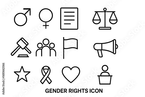 Gender Rights Icons. Outline icon set of gender rights: male symbol, female symbol, document, balance scale,