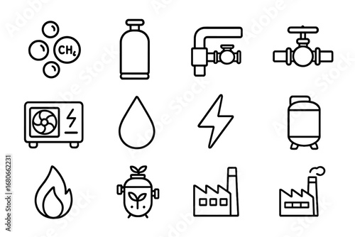 Renewable Methane Icons. Outline icon set of renewable methane: methane bubbles, gas cylinder, pipes, valves,