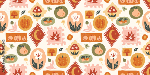 Autumn season seamless pattern background vector. Fall harvest wallpaper with pumpkin, walnut, mushroom, pear, moon, frame. Design for print, cover, fabric, packaging, wall art, home decor. 
