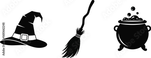 Halloween witch hat, broom and cauldron for greeting card, banner, poster, template and decoration