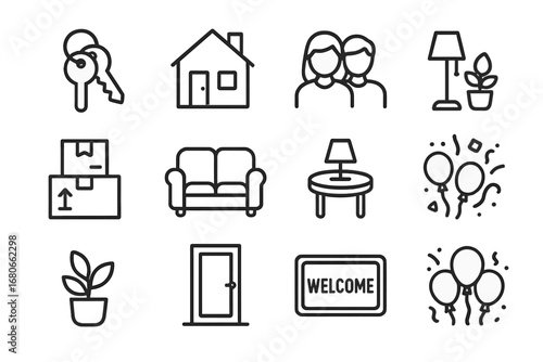 First Home Essentials. Outline icon set of first home excitement: keys, house, couple, moving boxes, couch,