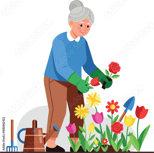 Happy Grandmother Tending to Her Beautiful Flower Garden.