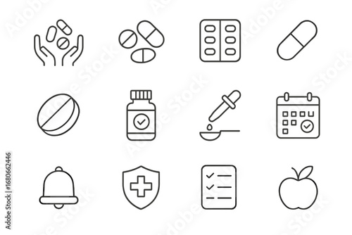 Daily Supplements Icons. Outline icon set of daily supplements: hands, vitamin pills, blister pack, capsule,