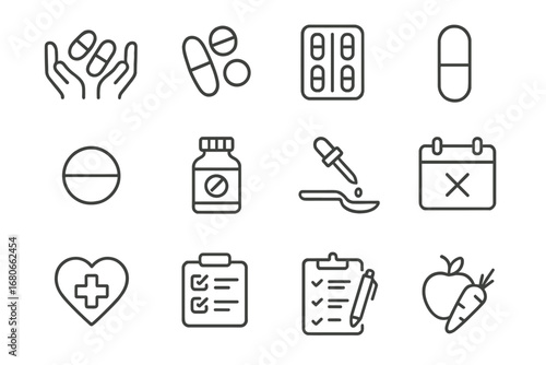 Daily Supplements Icons. Outline icon set of daily supplements: hands, vitamin pills, blister pack, capsule,