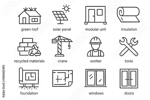 Sustainable Construction Icons. Outline icon set of sustainable construction: green roof, solar panel, modular