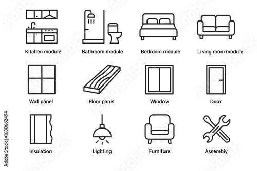 Modular Interior Icons. Outline icon set of modular interior components: kitchen module, bathroom module,