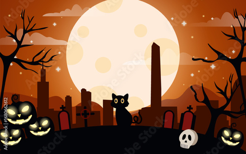 Creepy Halloween Silhouette With Orange Gradient Night Sky Background