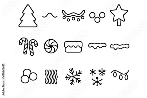 Gingerbread Tree Icons. Outline icon set of Christmas tree gingerbread decorations: gingerbread tree, icing
