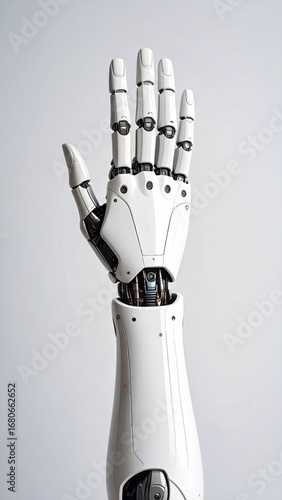 A close-up studio shot of a white mechanical robotic hand against a gray background