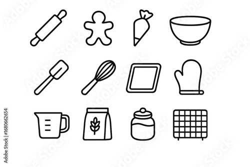 Holiday Baking Tools. Outline icon set of holiday baking tools: rolling pin, cookie cutter, piping bag, mixing
