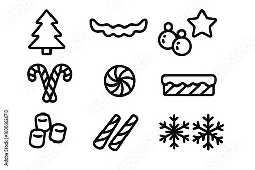 Gingerbread Tree Icons. Outline icon set of Christmas tree gingerbread decorations: gingerbread tree, icing