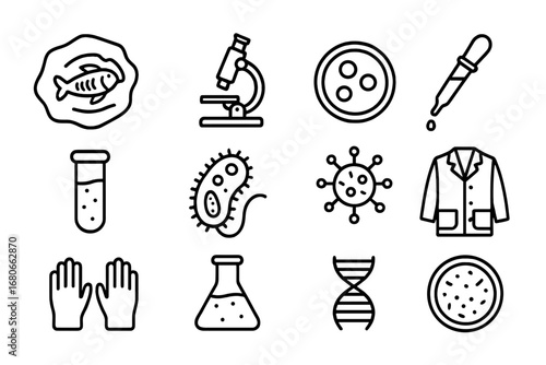 Paleomicrobiology Lab Icons. Outline icon set of Paleomicrobiology lab work: fossil sample, microscope, petri
