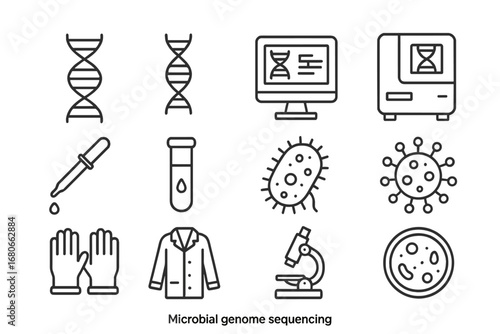 Microbial Genome Sequencing Icons. Outline icon set of Microbial genome sequencing: DNA strand, RNA strand,