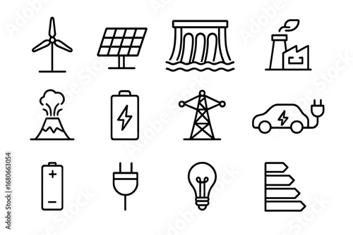 Renewable Energy Icons. Outline icon set of Renewable Energy Solutions: wind turbine, solar panel,