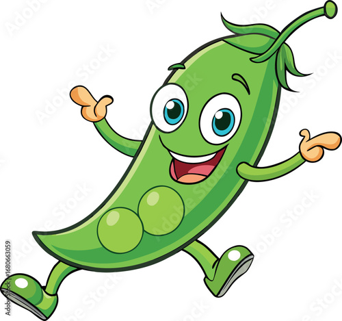 Happy cartoon pea pod character running with excitement and joy