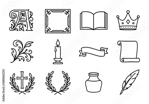 Ornate Illuminated Letter Icons. Outline icon set of illuminated letters: ornate initial, gold border, book
