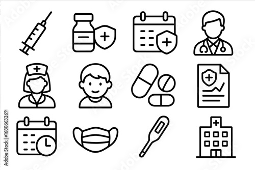 Vaccination Icon Set. Outline icon set of Vaccination and Immunization: syringe, vaccine vial, calendar,