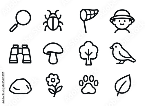 Nature Exploration Icons. Outline icon set of nature exploration: magnifying glass, bug, butterfly net, child