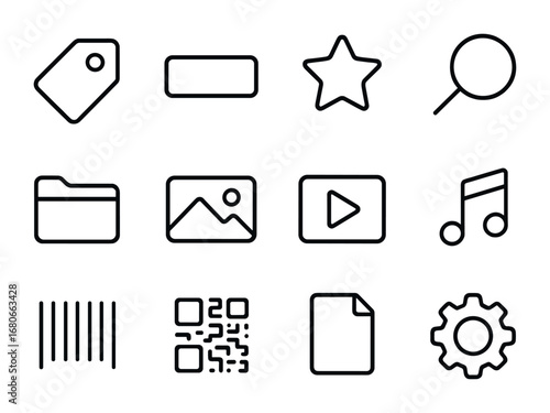 Metadata Icon Grid. Outline icon set of asset metadata: tag, label, star, magnifying glass, folder, image,