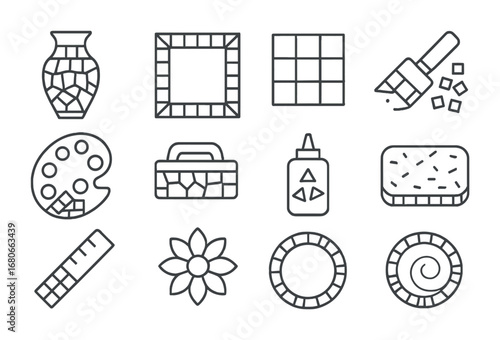 Mosaic Tool Icons. Outline icon set of handmade mosaic decoration: vase, frame, tile, brush, palette, grout,