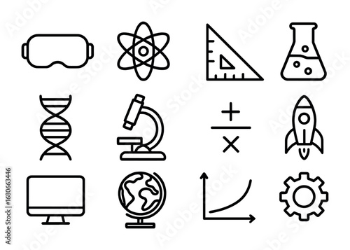 VR STEM Icons. Outline icon set of STEM education in VR: VR headset, atom, ruler, beaker, DNA helix,