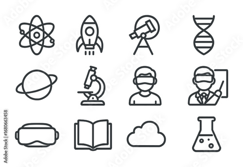 Science VR Icons Grid. Outline icon set of science exploration in VR: atom, rocket, telescope, DNA, planet,