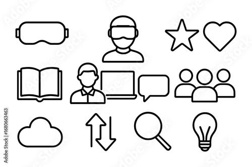VR Student Icon Set. Outline icon set of student engagement in VR: VR headset, student, star, heart, book,
