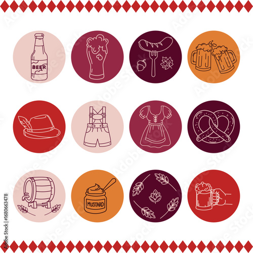 Oktoberfest vector icons set with beer bottles, mugs, pretzel, sausage, mustard, barrel, hat, lederhosen and dirndl in flat line style beer labels, logo, design element, print, badge